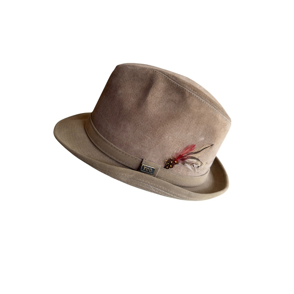 London Fog Fedora Tan Suede Leather Vintage 7 3/8 Pinched Crown Feather Made USA